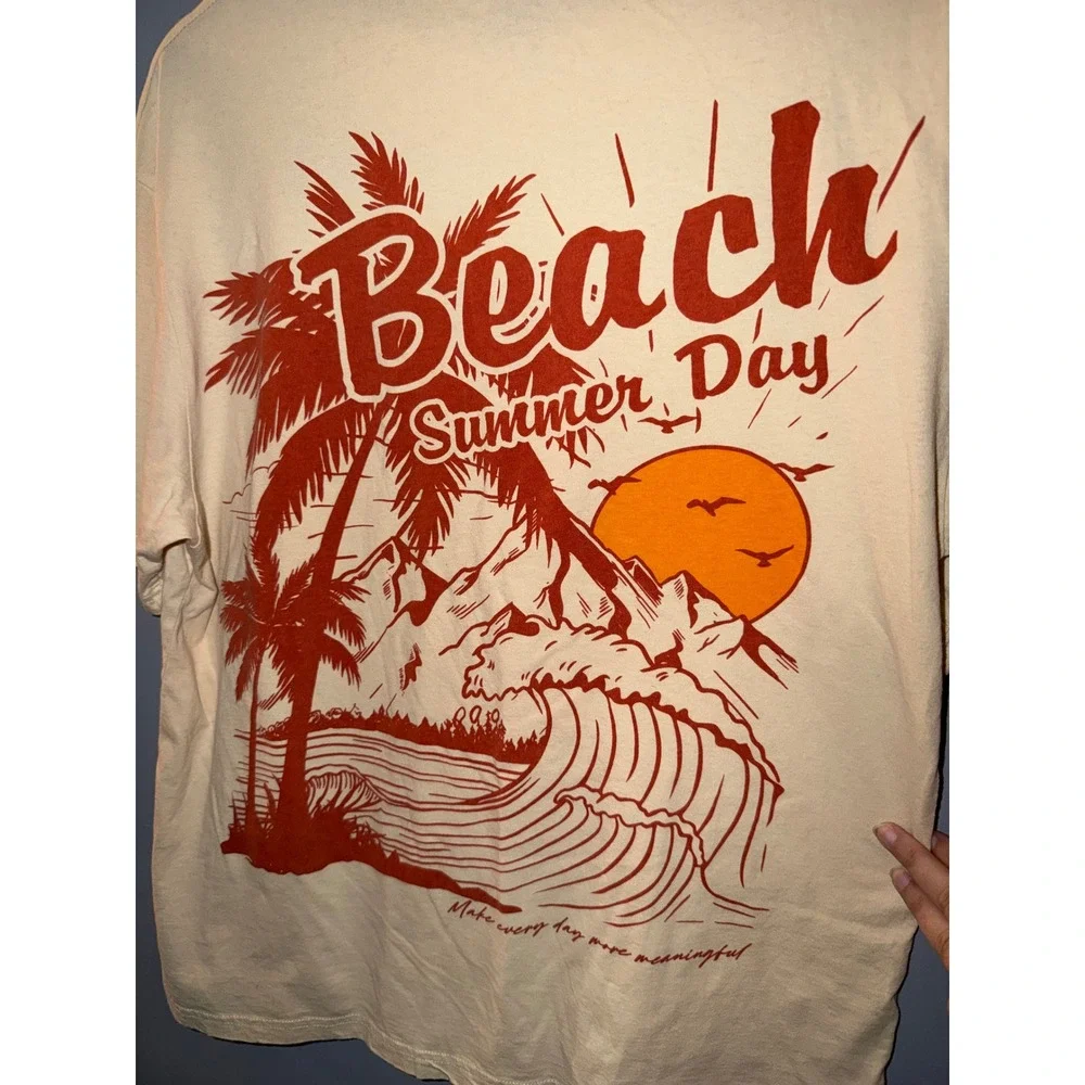SHEIN Beach Summer Day Graphic Tee Cream Beige Short Sleeve Mens‎ Medium M
